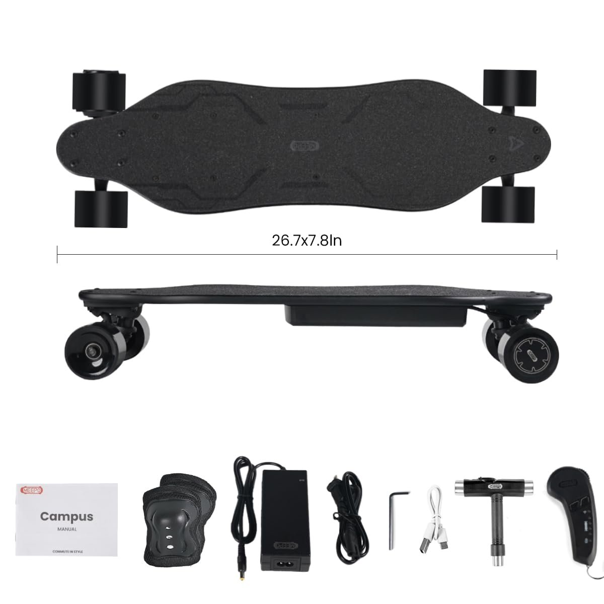 MEEPO Campus Electric Skateboard with Remote, 26.7 in Compact 7-Ply Maple E-Skateboard, Up to 16 MPH, 8–10 Mile Range, 4 Speed Modes, Smooth Braking, Carry Handle, for Teens & Beginners - Image 5